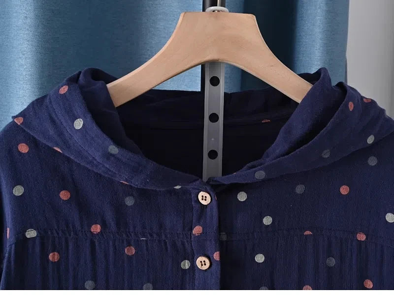 2025 Middle-aged women's clothing 100% cotton yarn hoodies polka dot print shirts long sleeve blouses for women hooded tops