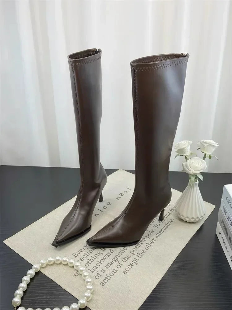 2025 New Women's High Heels Pointed Knee-length Female Boots Comfortable Stiletto Heel Soft Leather Women Shoes Zapatos De Mujer
