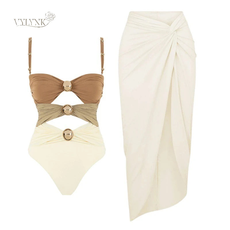 One-Piece Swimsuit and Skirt Blue Swimwear Bikini Female Vocation Bathing Suit Beachwear Beach Dress Sarong