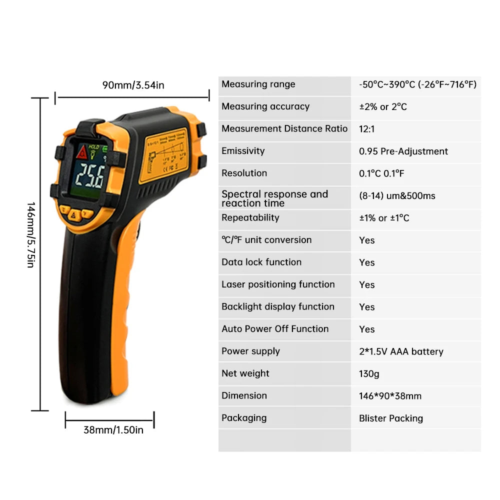 AE320 Series Digital Infrared Laser Temperature Non-contact Industrial Laser Temperature Meter Temperature Gun Tester -50℃~390℃