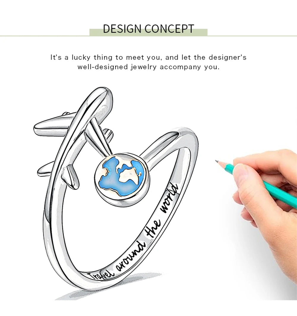 925-Sterling-Silver Adjustable Open Airplane Rings Engraved "Travel Around the Word"Engagement Ring Gifts for Women Teen Girls