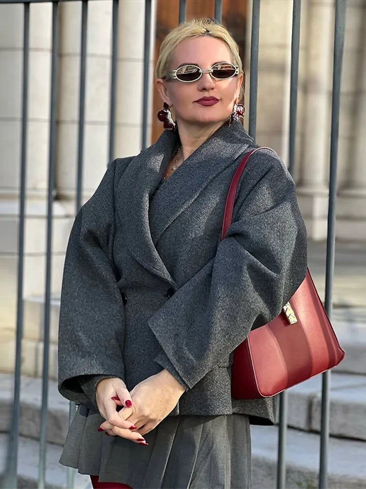 Woman Grey Suit Woolen Coat Collar V-neck Single Breasted Pocket Jacket 2025 Lady Autumn Casual Fashion Commuter Streetwear