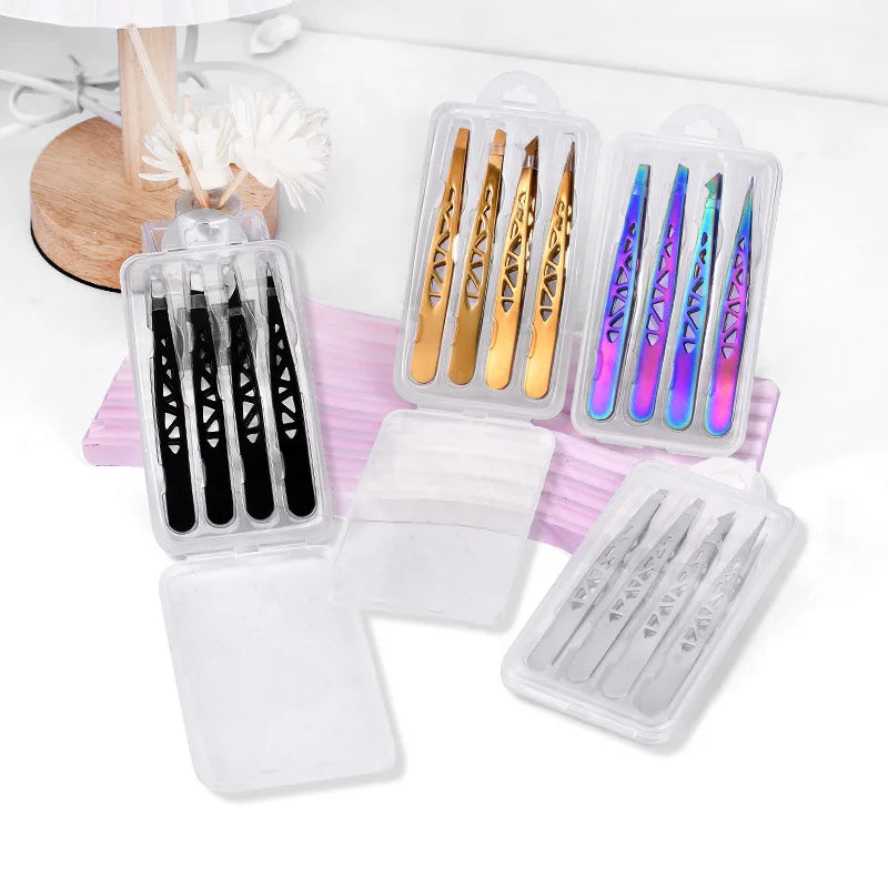 4pcs Precision Eyebrow Tweezers Set - Stainless Steel Tools for Brow Shaping, Beard Plucking & False Lash Application Eyebrow Gr