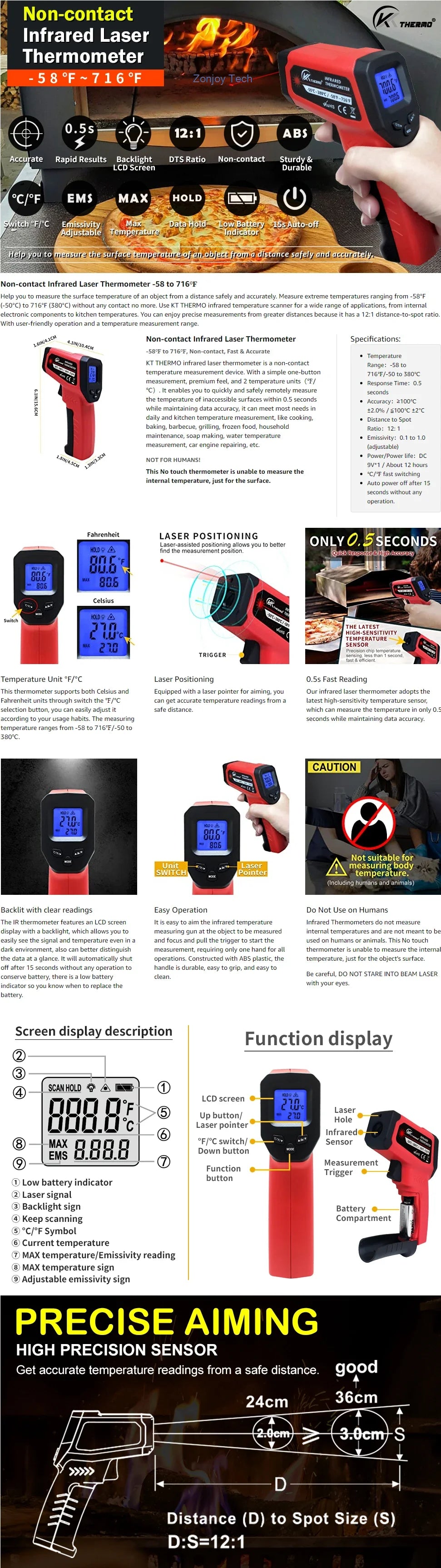 Digital infrared thermometer, non-contact industrial laser temperature gun, temperature range from -50 to 380 degrees Celsius.