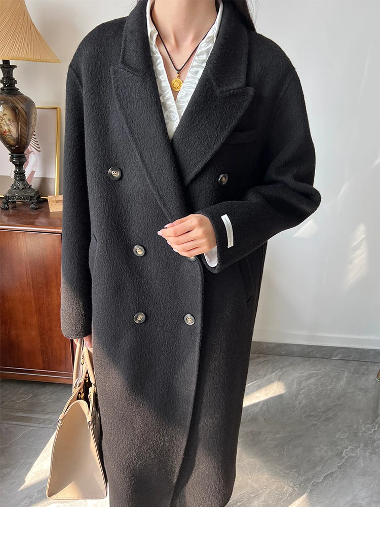 Office Lady Woolen Jackets 2024 Autumn And Winter Suit Collar Double Breasted Warmer Yak Hair Loose Long Women's Wool Coats