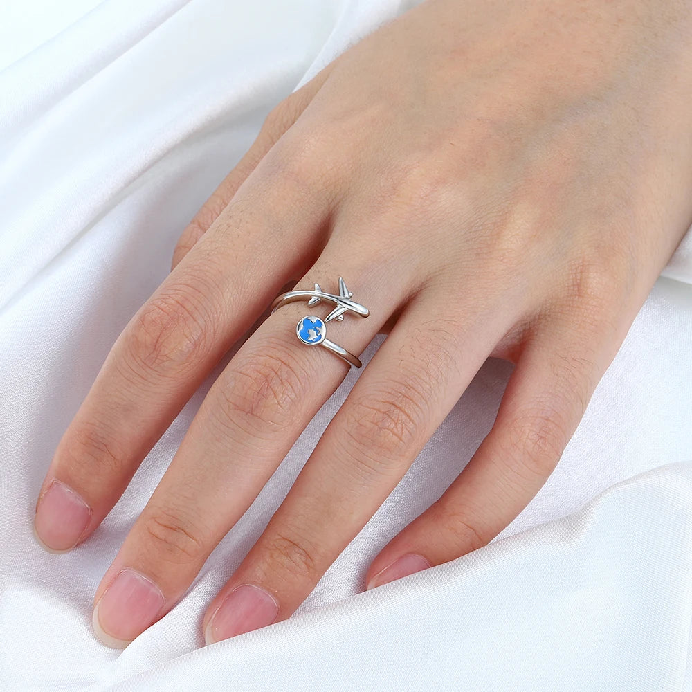 925-Sterling-Silver Adjustable Open Airplane Rings Engraved "Travel Around the Word"Engagement Ring Gifts for Women Teen Girls