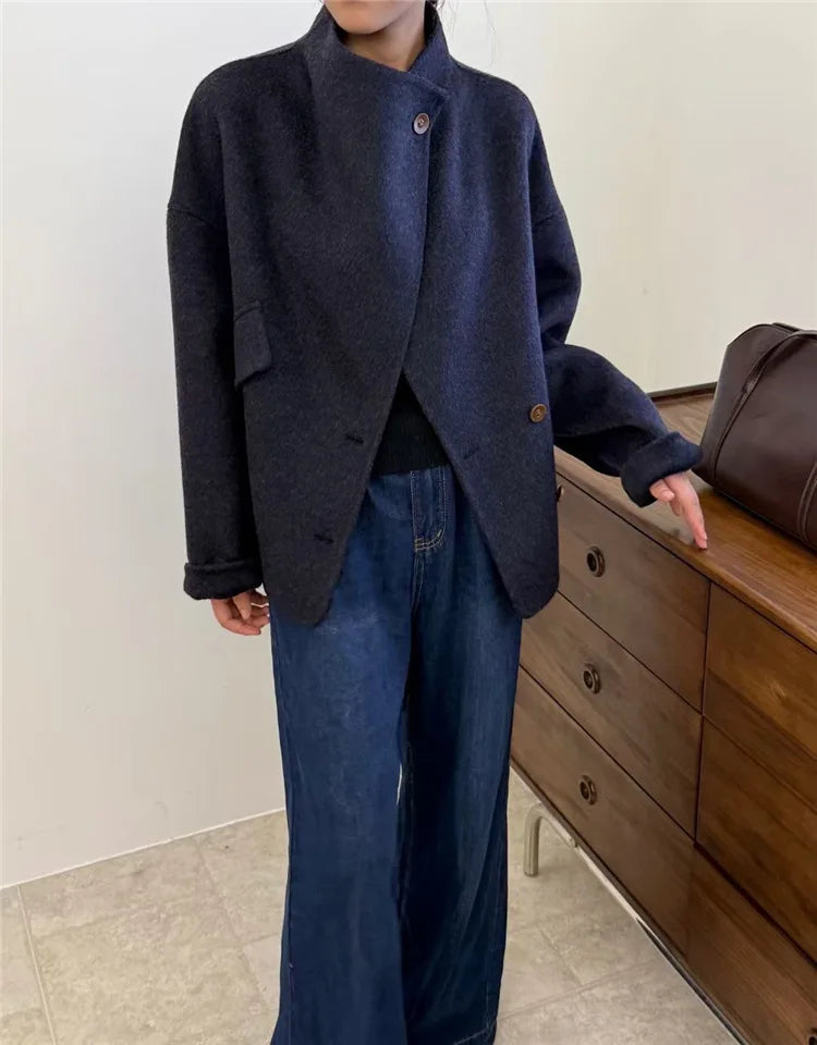 New Winter Short Woolen Coat Fashion Causal Warm Mulberry Silk Lapel Double-sided Wool Coat Loose Suit Jacket Female Tide Autumn