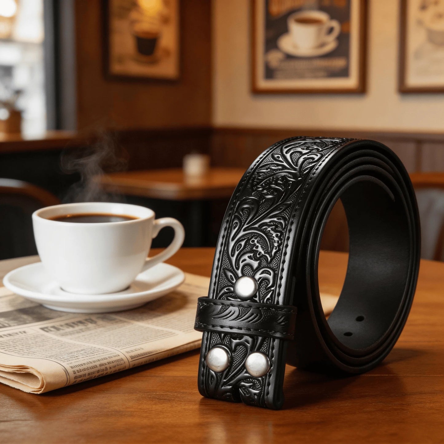 Western Style Tooled Leather Belt Strap - Buckleless Design for Customizable Fit