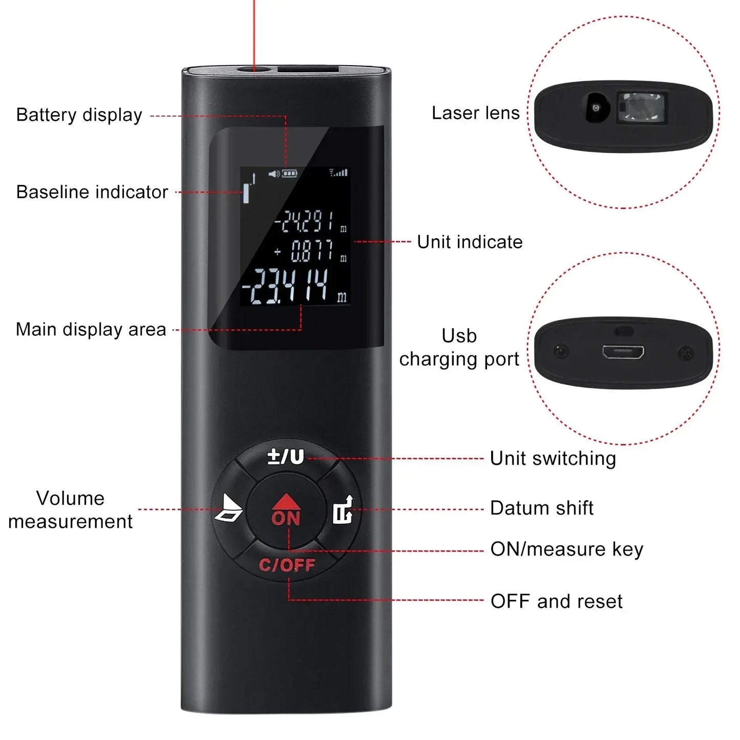 40M/60M Mini Smart Laser Distance Meter Measure Infrared Rangefinder USB Rechargeable Handheld Laser Range Finder