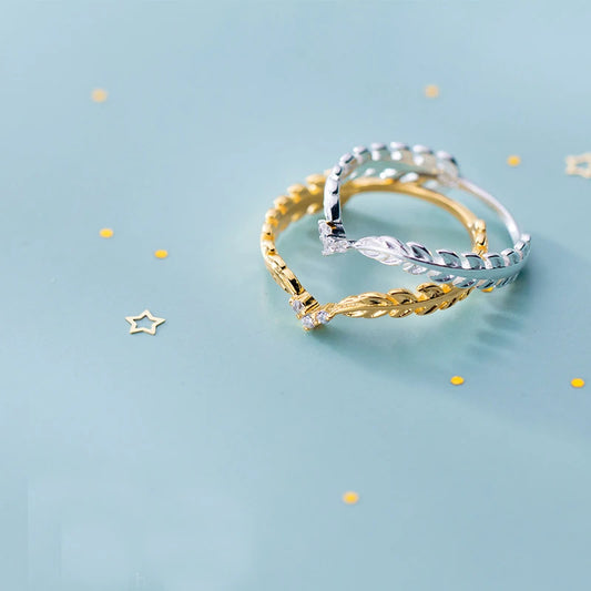 Sterling Silver 925 Gold Ring Silver Female Simple Leaf Fine Jewelry Crystals New Arrivals Thailand Mom Ring