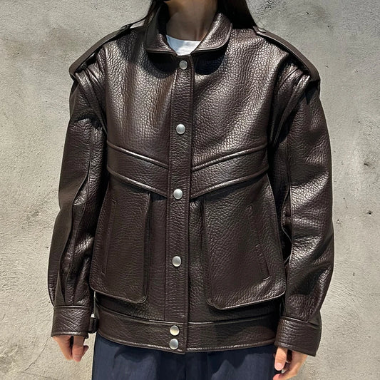 Oversized Brown Grained Letaher Jackets Women Genuine Jacket Sheep Leather Autumn Bomber Leather Jackets