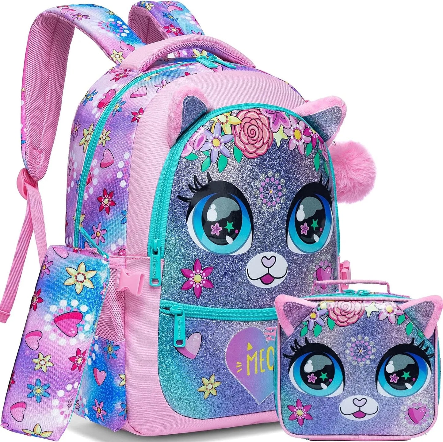 Cute School Backpack for Girls Children Shoulder Bag with Insulated Lunch Box Casual Daypack for Students Back To School Gift