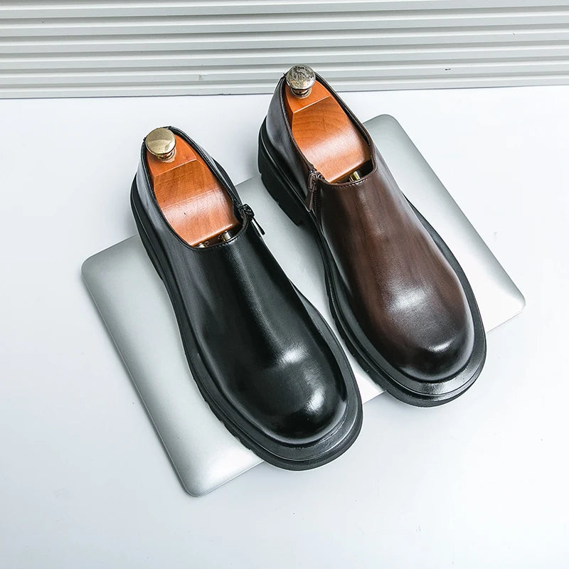 Spring New Men's Side Zipper Comfortable Cowhide Oxford Shoes Fashion Brand Classic Brown Men's Breathable Casual Leather Shoes
