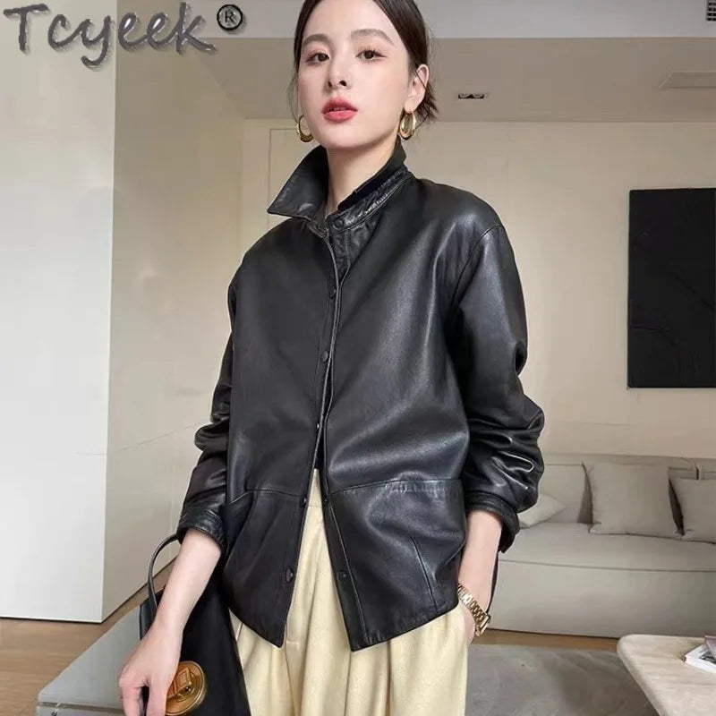 Tcyeek Genuine Leather Jacket Women Autumn Real Sheepskin Coats Black Leather Coat Womens Clothing Loose Fit Jaqueta De Couro
