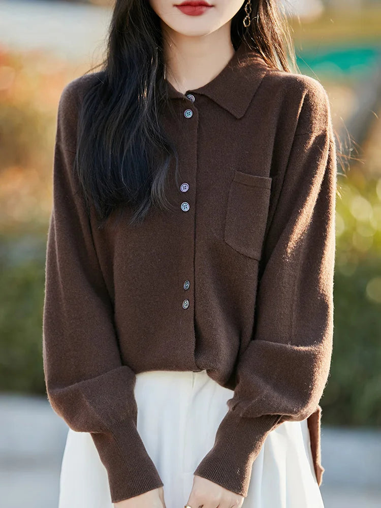 POLO Collar Wool Sweater 100 Pure Wool Spring And Autumn New Knitted Women Loose And Slimming Cardigan ZA682