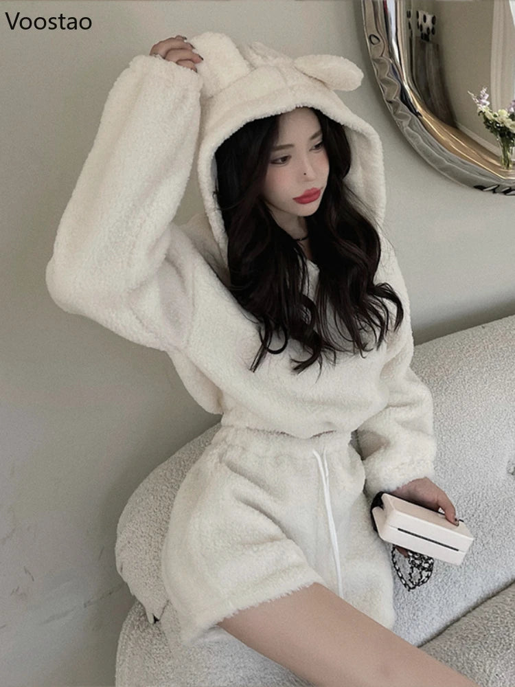 Autumn Winter Women Kawaii Shorts Set Soft Plush Bear Ears Hooded Sweatshirt High Waist Shorts Suit Girls Hoodies 2 Piece Sets