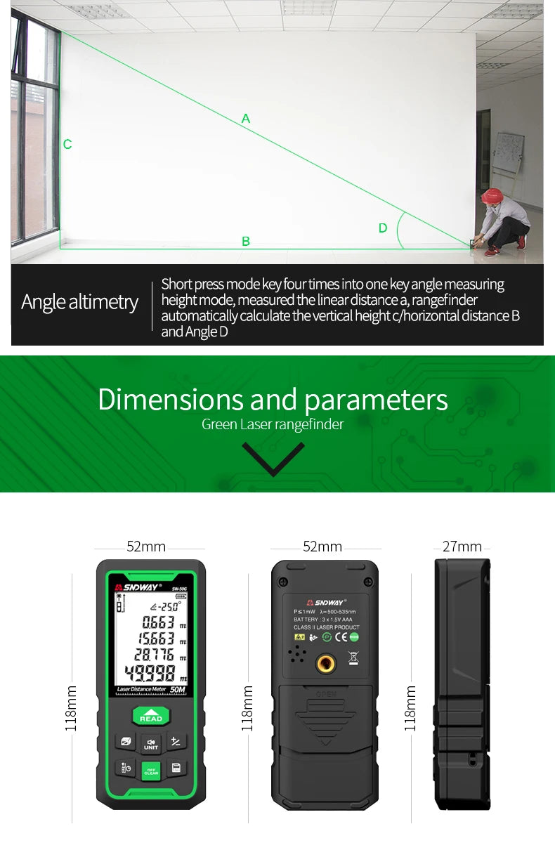 SNDWAY Laser Distance Meter 50m 70m 100m 120m Rangefinder Digital Range Finder Trena Roulette Ruler Distance Measuring Tape