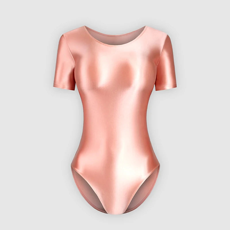 Japanese Men's Bathing Suits Women's Sexy Silky Glossy One-piece Swimsuit Shiny Short Sleeve Bodysuit, Oily Tights Shapewear