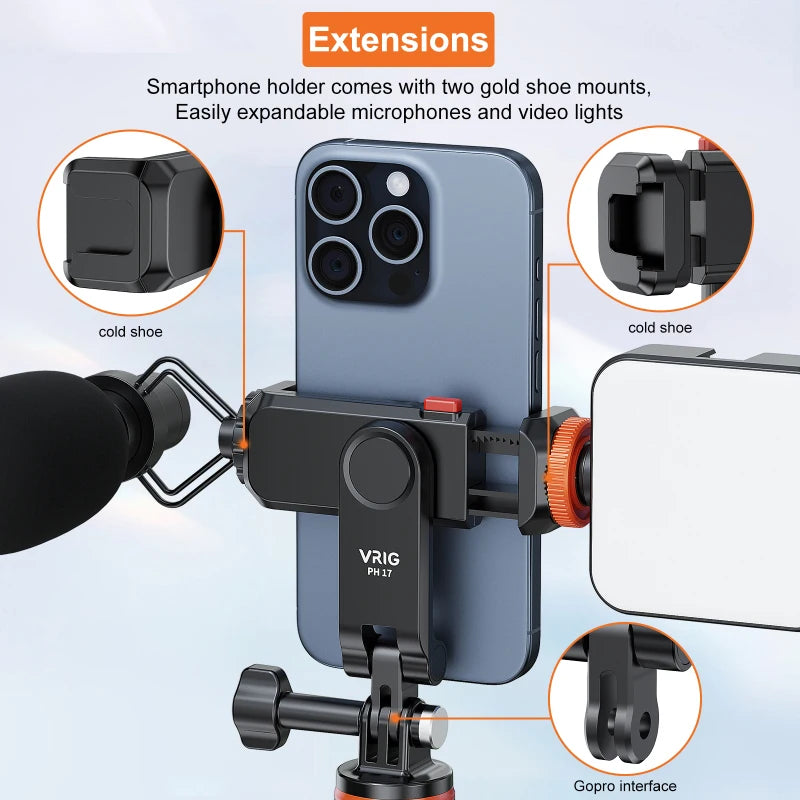 PH17 Multi-functional Phone Tripod Mount Phone Holder Phone Clamp 360° Rotatable with Dual Cold Shoe Mounts Accessories