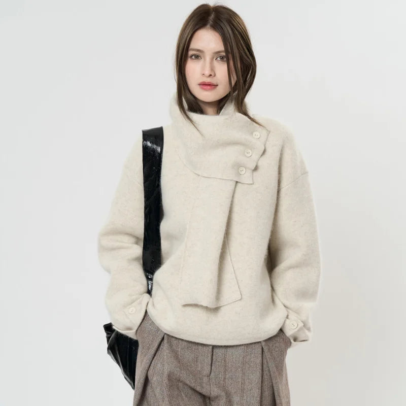 Winter wool sweater women's casual solid color round neck long sleeved scarf decoration loose sweater