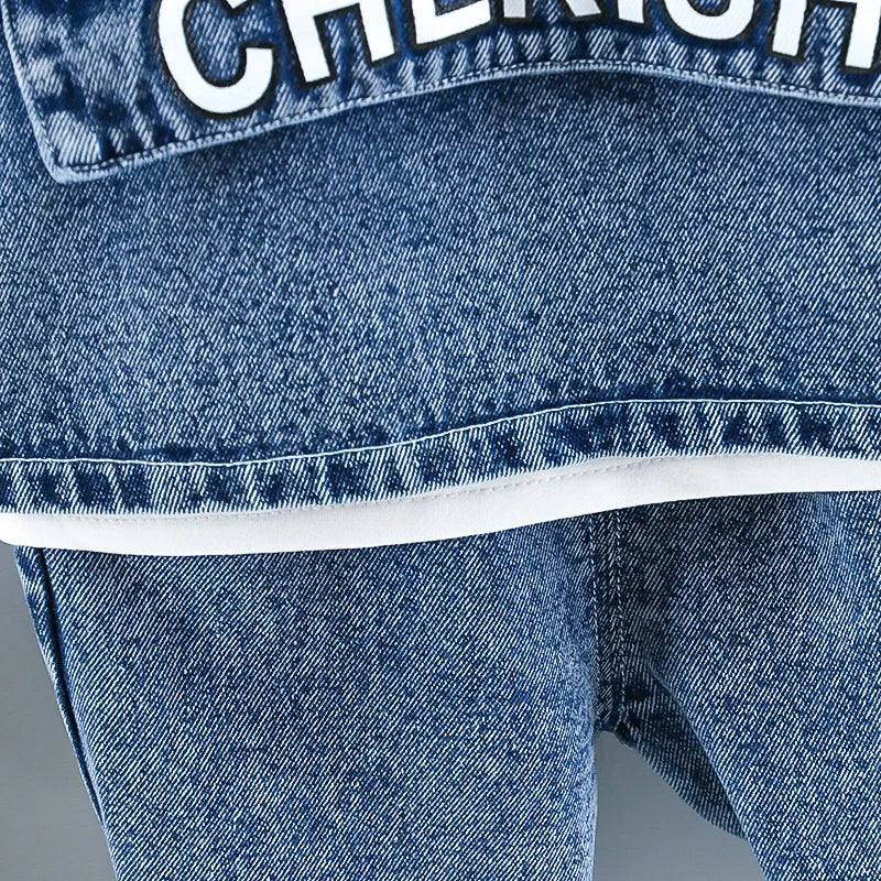 Baby boy clothes spring autumn fashion ripped denim suit letter denim jacket hooded vest + bottoming shirt + pants 3-piece set