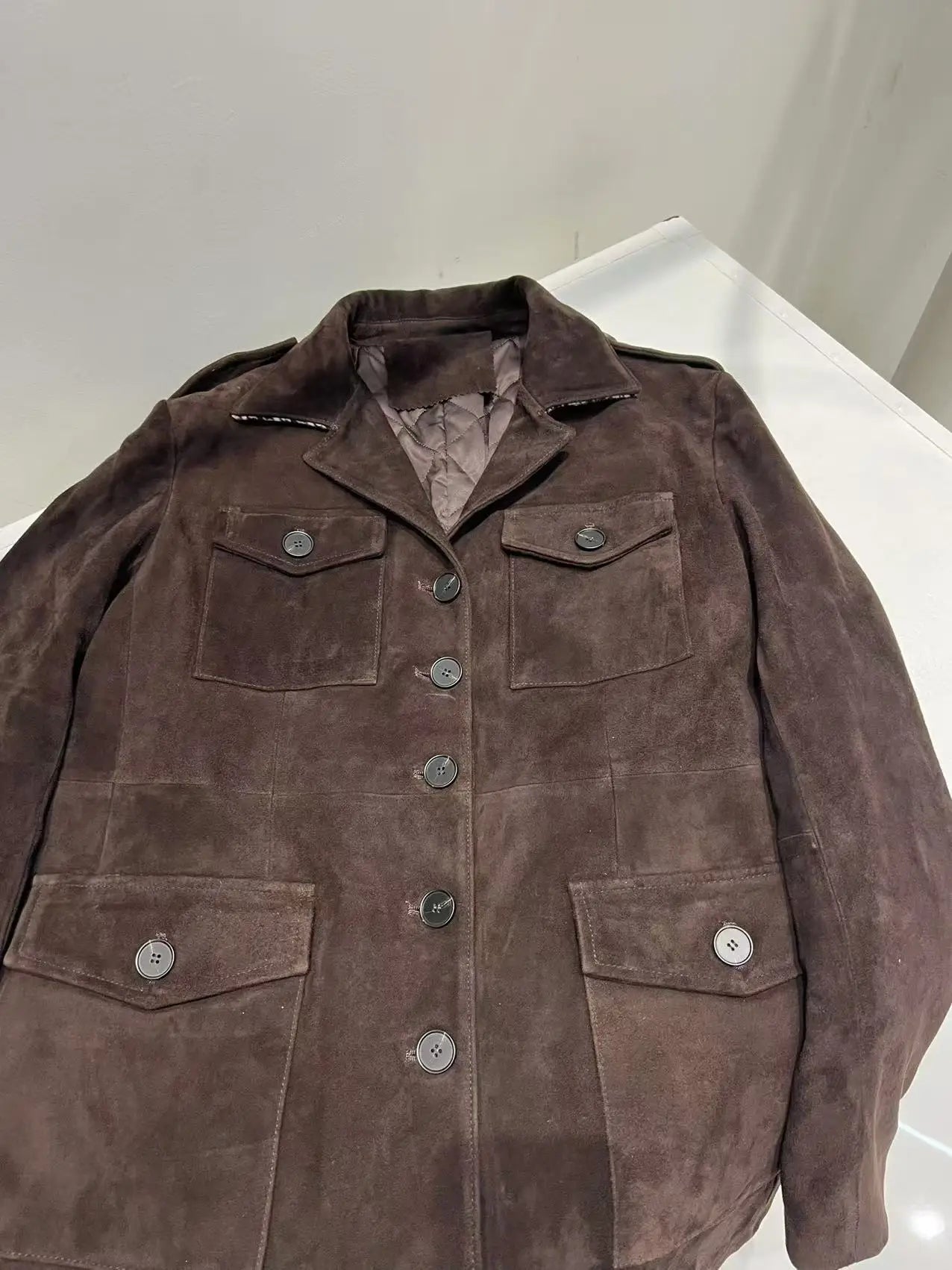 Luxury High-end Kid Suede Leather Jacket for Women Winter Pockets Slimming Coat Filled With Mulberry Silk Deep Coffee Warm Veste