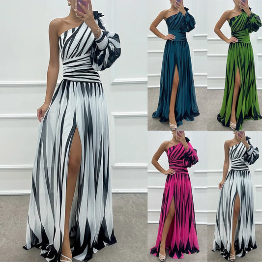Dress Long Dress 2024 Spring and Autumn New Temperament Fashion Printed Slant Shoulder Split Dress INS Casual Loose Party Dress