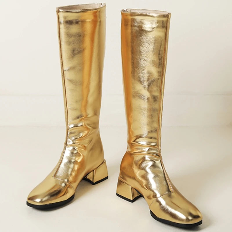 Women's Knee High Boots Winter Shoes 2026 Gold Silver Low Heeled Long Boot Ladies Party Footwear Shoes Large Size 45 Waterproof