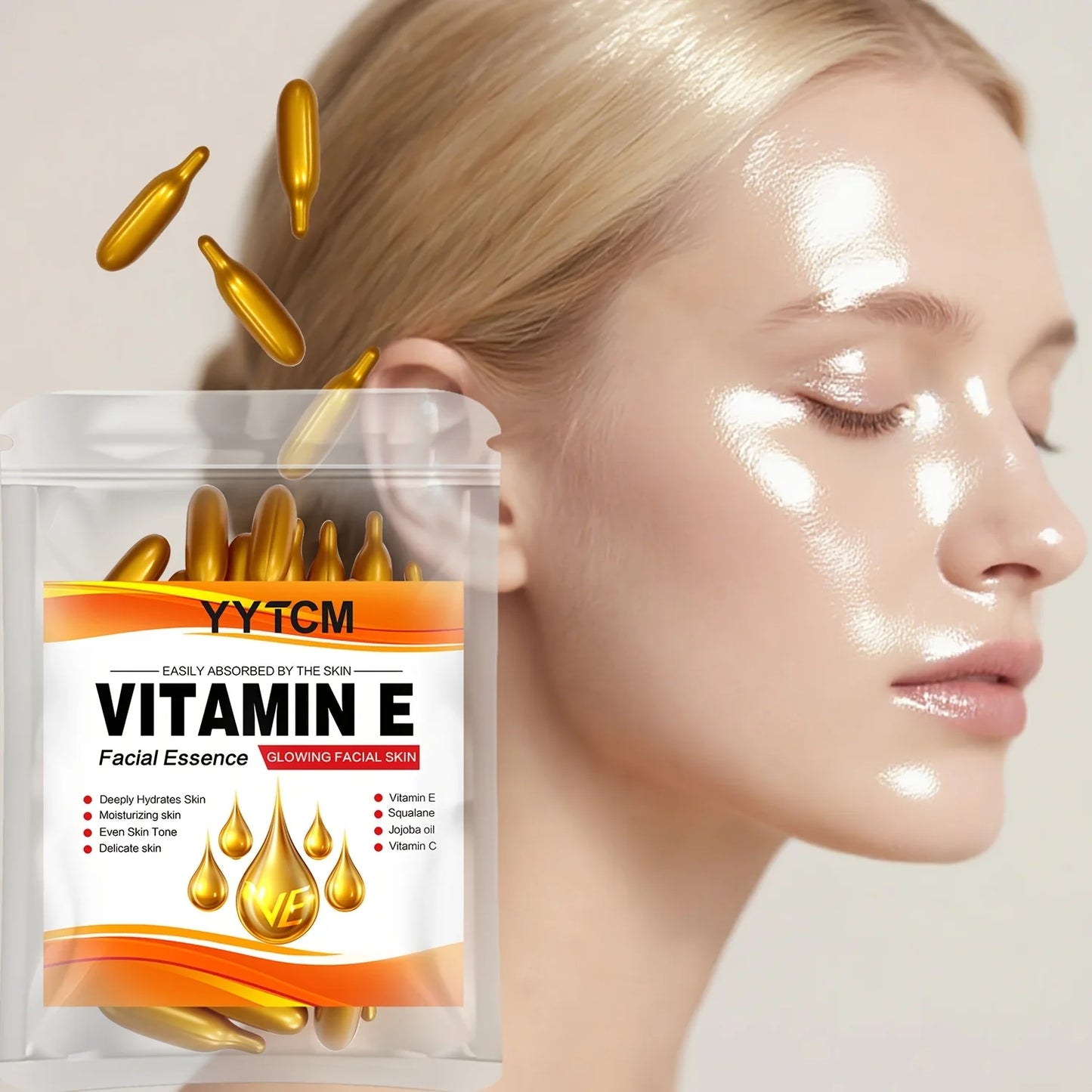 Vitamin E Deep Moisturizing Capsule Essence, Hydrates and Smoothes the Skin, Contains Plant Squalane, Vitamin C, Deep Hydrating and Brightening Skin Essence (0.4g X 30 Capsules)/Bag-1 Bag