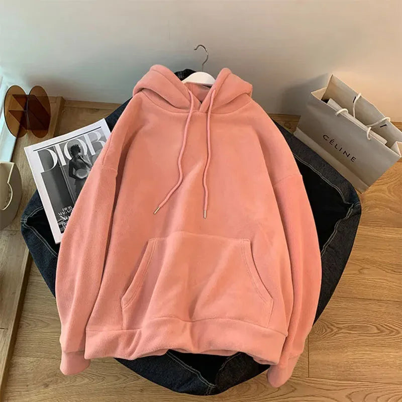 Autumn Korean Solid Hoodies Women Fashion Loose Pocket All Match Warm Pullover Tops Y2K Oversized Streetwear Casual Sweatshirts