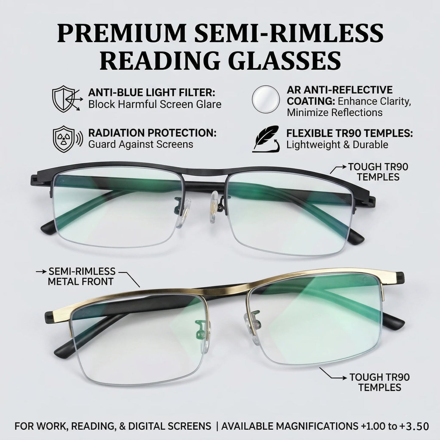 Men Classic Semi-Rimless Reading Glasses With Green Coating High-Definition Lens Comfortable Fit Suitable Home Office Use Gift