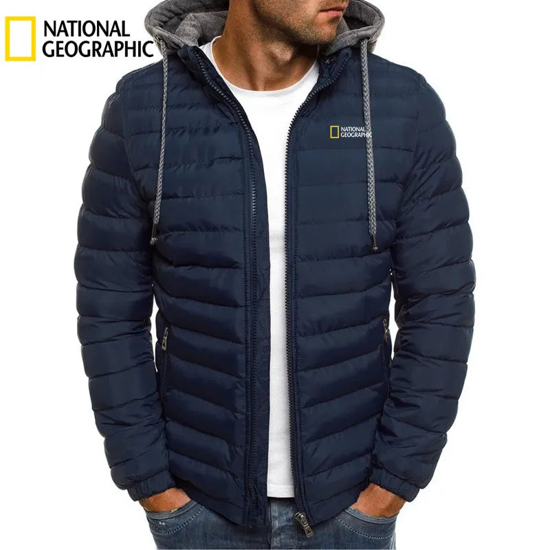 2025 New National Geographic Men's Cotton Padded Coat for Autumn and Winter, Embroidered Warm Hooded Zipper Hooded Coat for Men