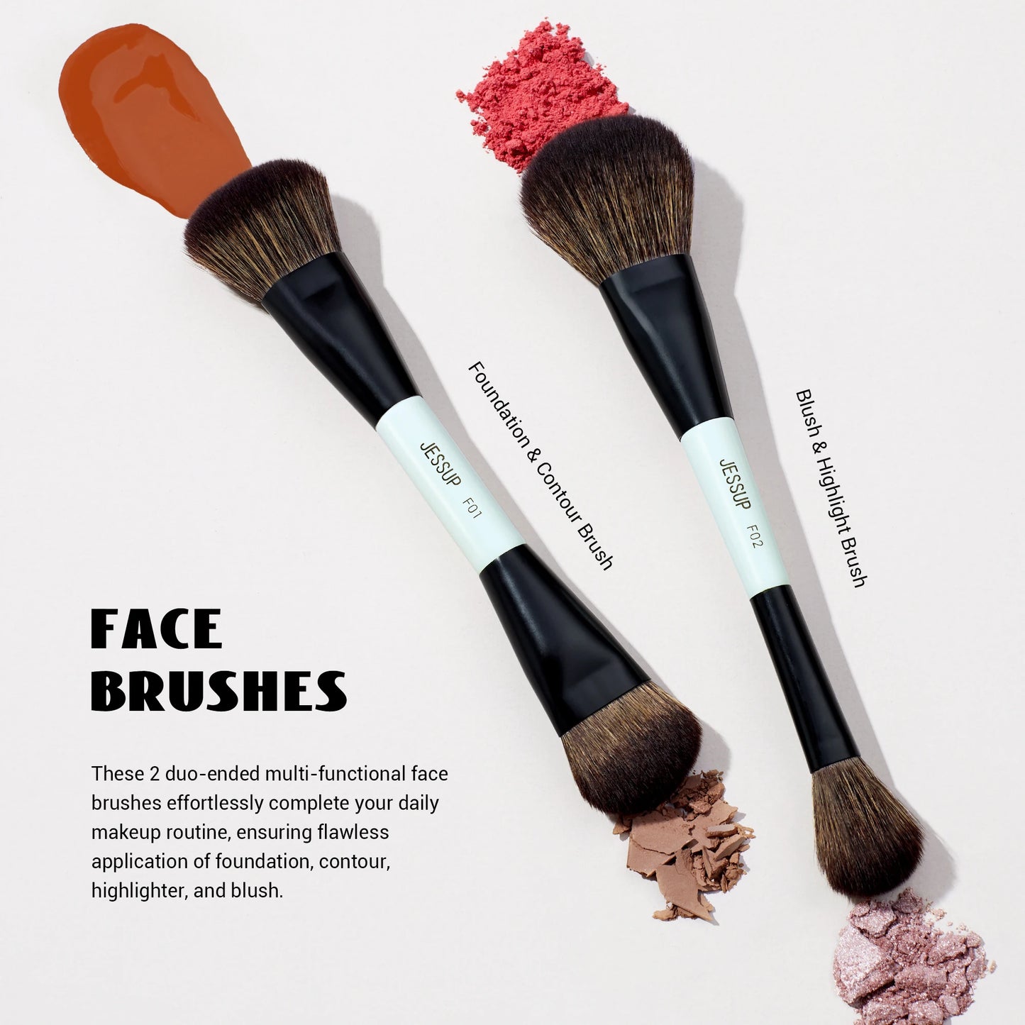 Jessup Double-Ended Makeup Brushes 6pcs, Vegan Fiber, Daily Use, Bright Cyan
