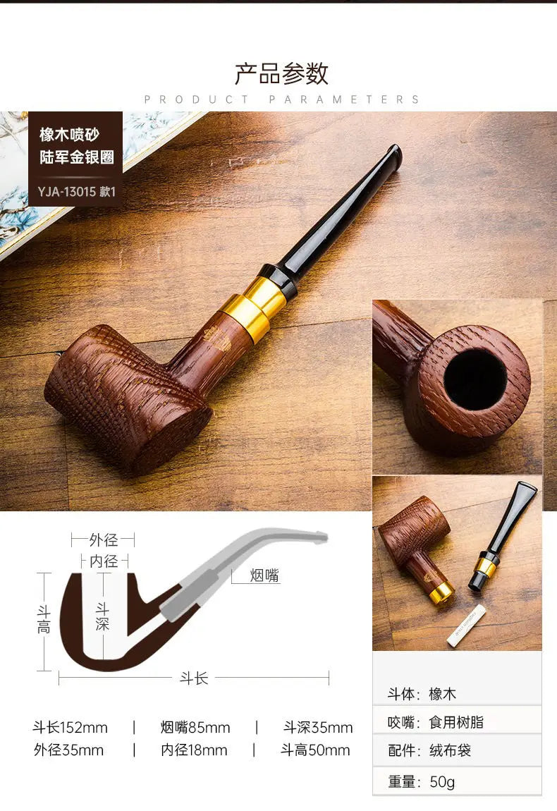 Oak Wood Sandblasted Tobacco Pipe with Gold Silver Band 9mm Filter Straight Bent Smoking Pipe for Men Gift Accessories