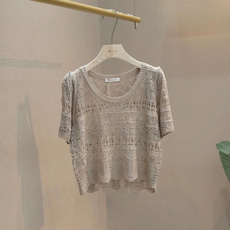 Summer Woman Tshirts Short Sleeve O-neck Loose Tees 2025 Ropa Mujer Hollow Out Knitted Crop T-shirts Vintage Women's Clothes