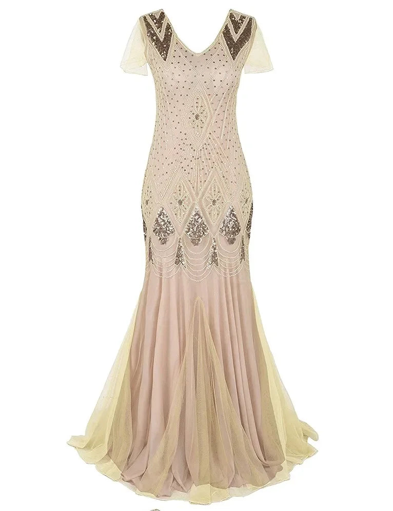 Women's Fashion 1920s Flapper Dress Vintage Great Gatsby Long Evening Prom Sequin Party Dress Women Mesh Costume
