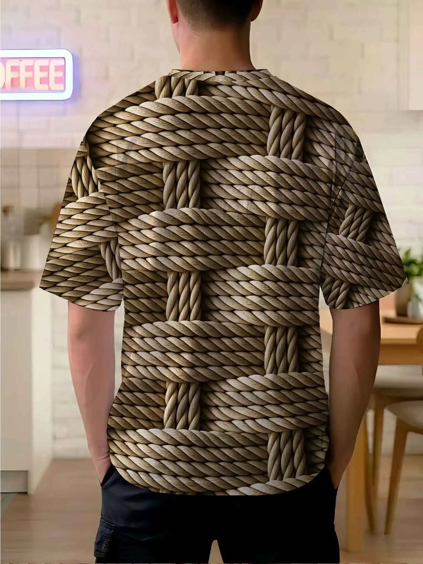 2026 new printed T-shirt  Men's Retro Woven Rope Print Casual T-Shirts Trendy Texture Loose Crewneck Tees