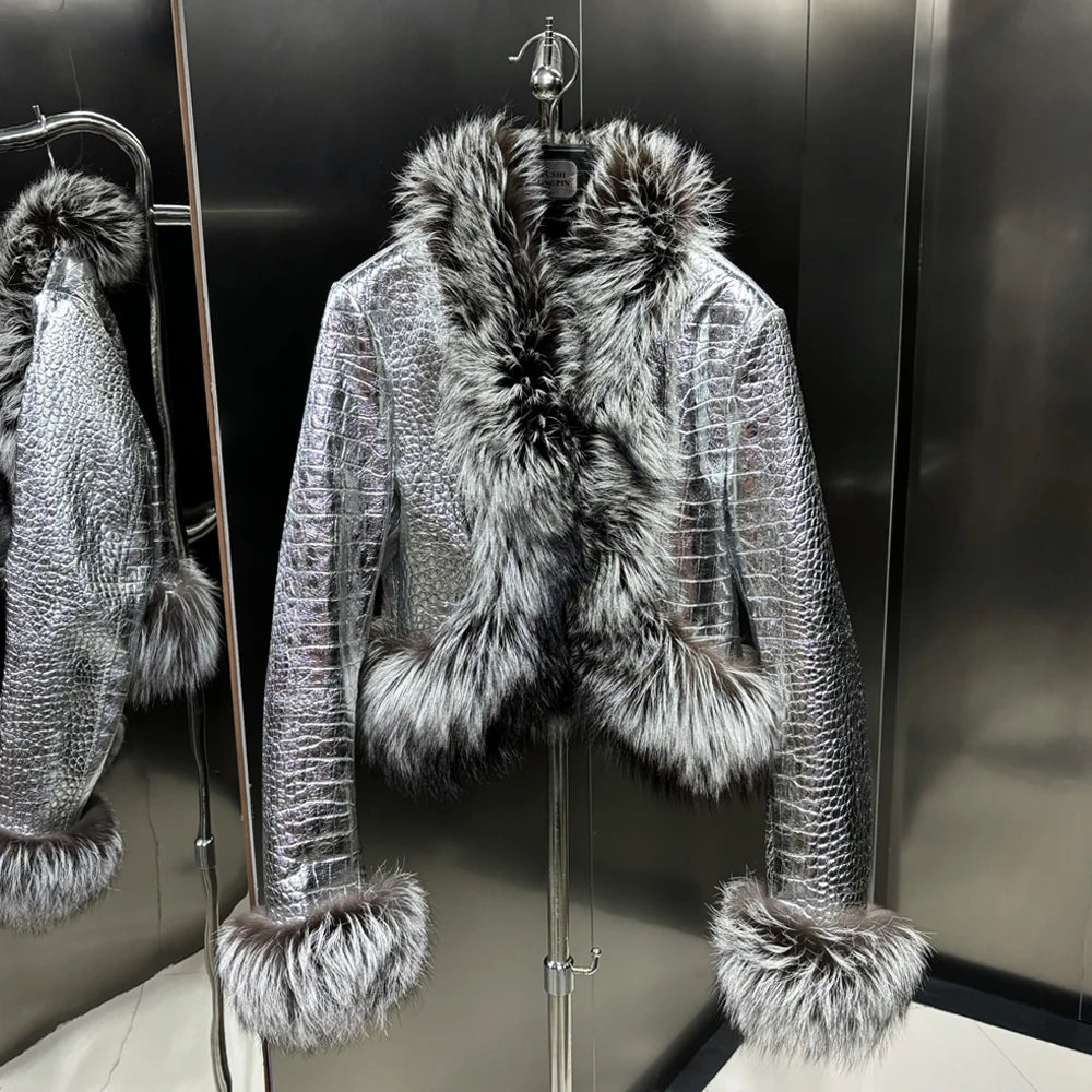 Natural Raccoon Fur Collar Real Leather Jacket Women 2025 Autumn Black Crocodile Textured Leather Jacket Ladies Streetwear