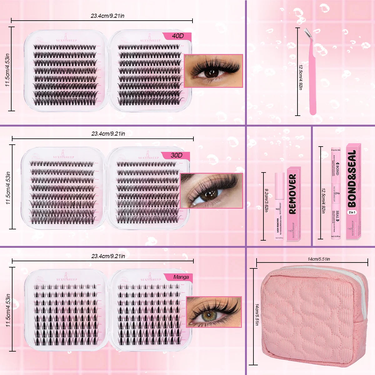 Lash Clusters 20D 30D 40D Lashes Extension with Bond&Seal Remover Soft Wispy DIY Individual Lash Kit Festival Gift Portable