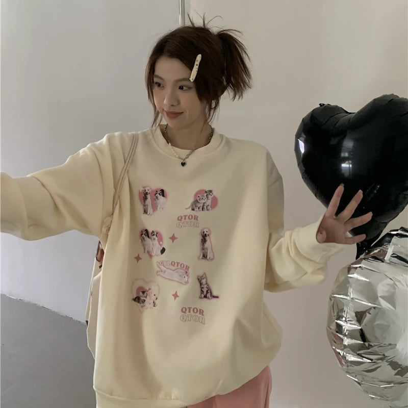 KOSAHIKI Cute Hoodies Women Letter Dog Print Sudaderas Mujer O-neck Sweatshirt Harajuku Streetwear Y2k Pullover Moletom Feminino