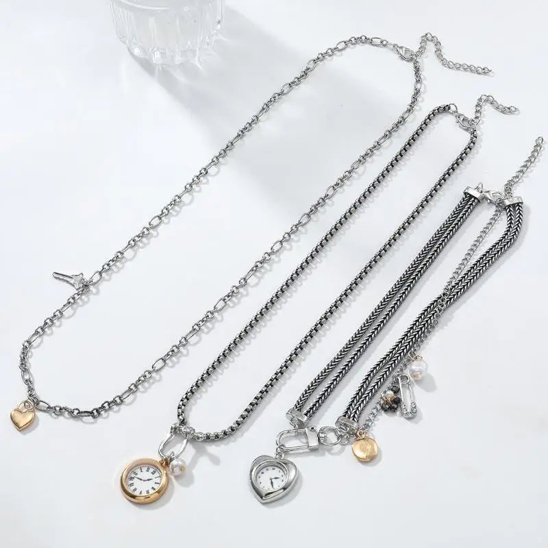 Necklace with Fashion Pin, Button Key, Heart Pendant for Women; Bohemian Multi-Strand Clavicle Chain Accessory