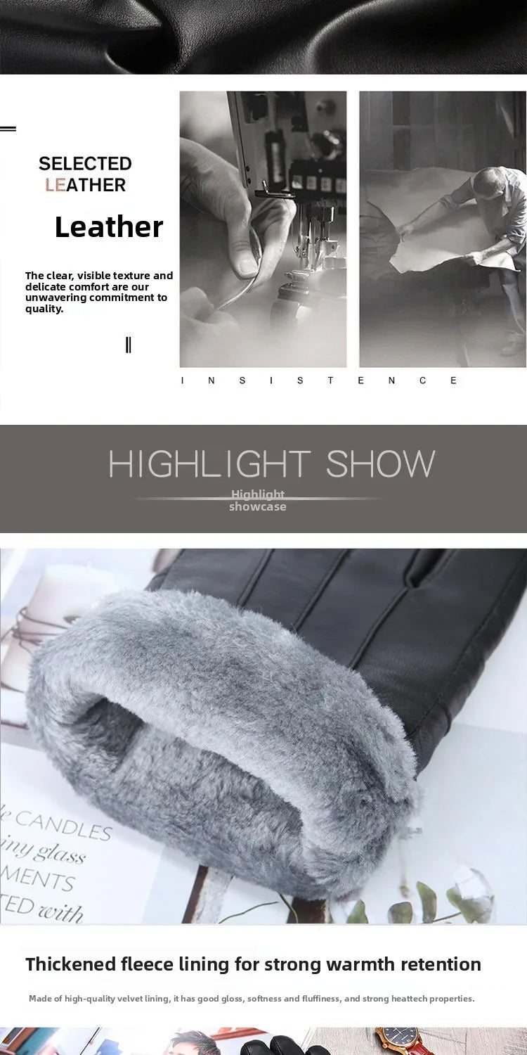 Genuine Leather Gloves (Men/Women): Fleece-Lined Warm, Thin/Thick Cotton, For Motorcycle Riding, Autumn/Winter,  Drop-Shipping