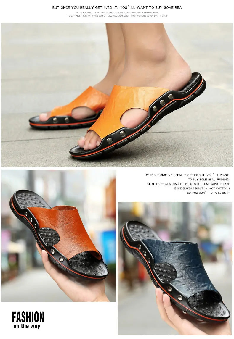 Genuine Leather Slippers for Men Casual Big Size Wear-Resistant Non-slip Fashion Flat Breathable Comfortable Shoes Summer Main