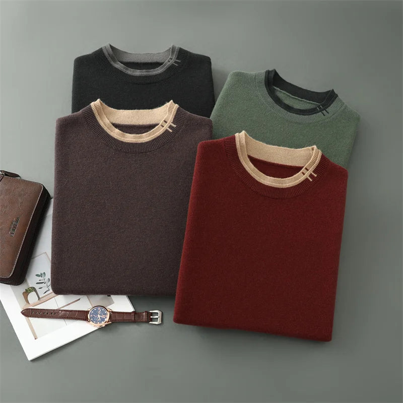 Pure Wool Sweater Men Autumn and Winter New Thick Warm Double Two Collar Knit Pullover Business Casual Sweater Men's Base Shirt