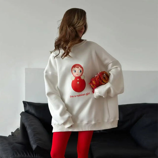Russian Girl Superior Sense Print O Neck Sweatshirt Women White Thin Spring 2025 Hoodies Women Russian Style Loose Casual Tops