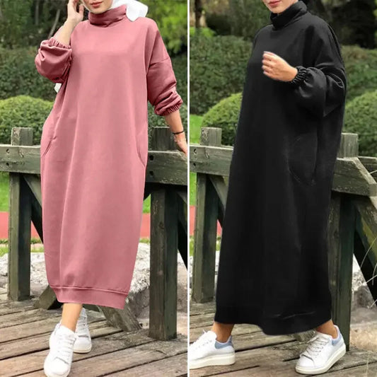 Women Hoodies Dresses Autumn Winter Casual Hooded Plush Tutleneck Pocket Sweaters Dress Long Sleeved Casual Loose Vestidos 2023