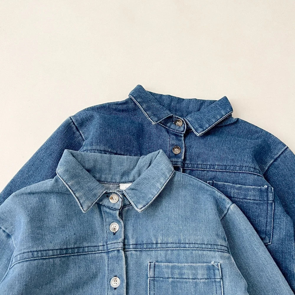 Baby clothes 2025 new children's solid color long sleeved denim set, boys and girls cardigan long pants casual sports two-piece