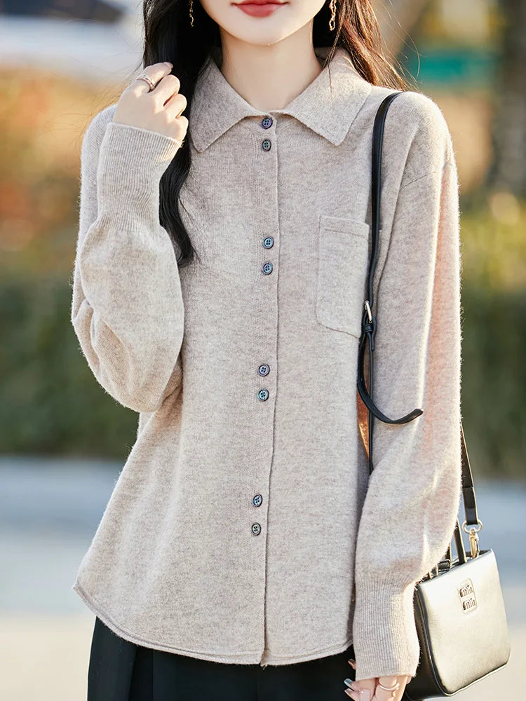 POLO Collar Wool Sweater 100 Pure Wool Spring And Autumn New Knitted Women Loose And Slimming Cardigan ZA682