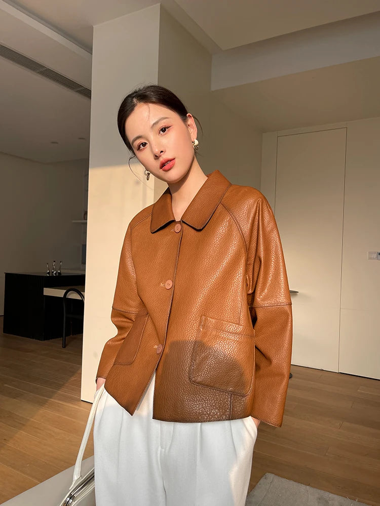 High-end Simple Natural Sheepskin Coats for Women 2025 New Trend Casual Single-breasted Lychee Texture Genuine Leather Jacket