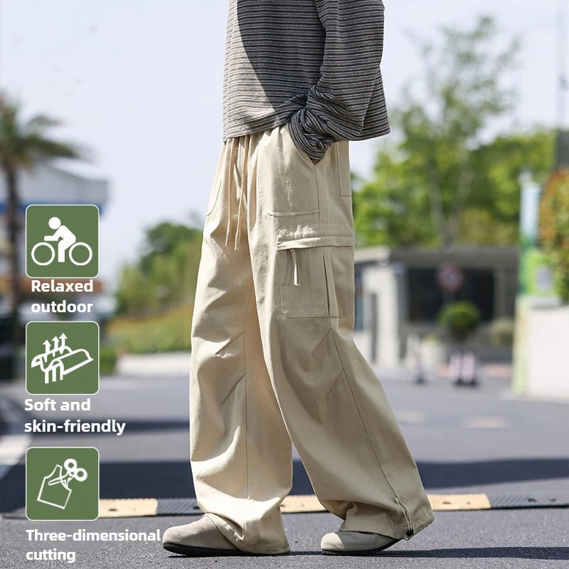 Men's work pants  black straight tube loose paratrooper pants  spring and autumn men's pants  wide leg 2025 new casual pants